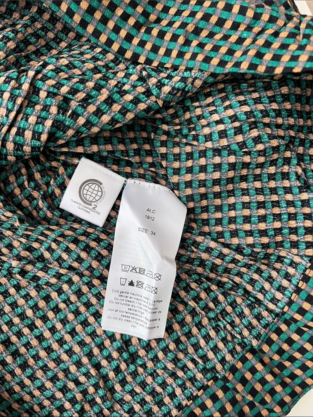GANNI Checkered Green Tan Black Longsleeve Blouse 2/XS $215 - Picture 6 of 6